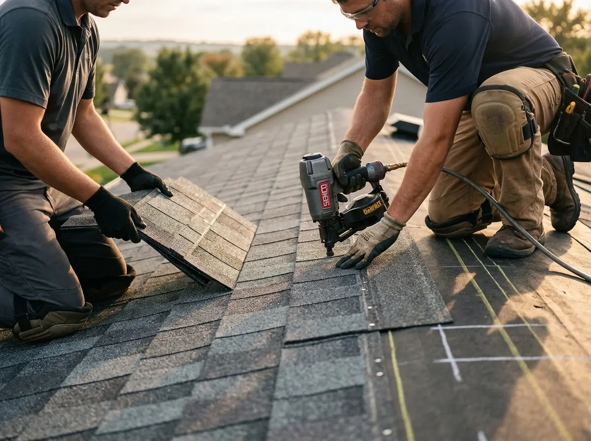 Professional roofer working on a residential roof in Granbury